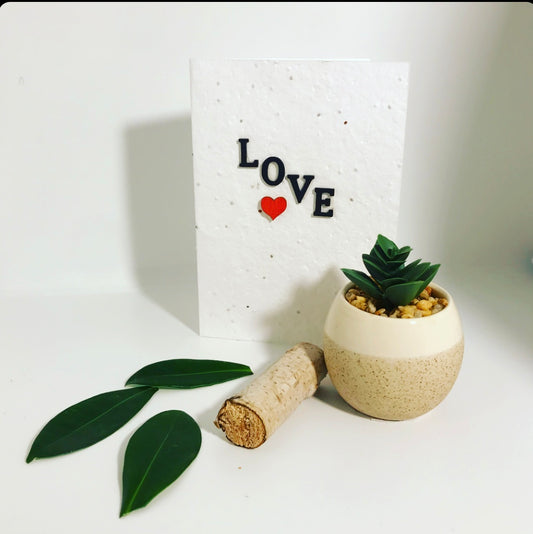 Seeded, plantable greeting card. With hand painted, wooden 'love' with red heart motif .