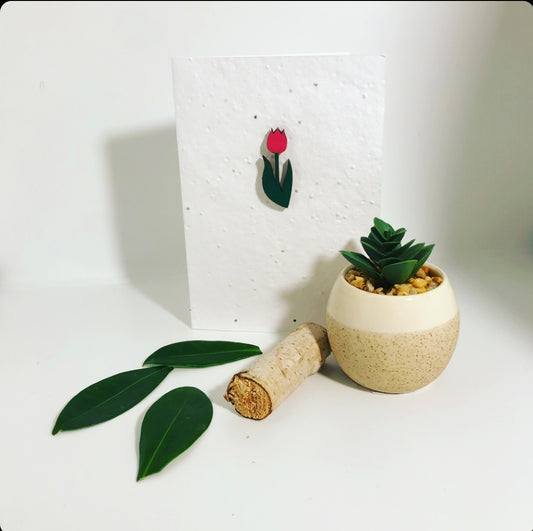 Seeded, plantable greeting card. With hand painted, pink and green wooden 'tulip' motif.