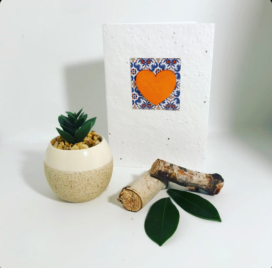Seeded all occasions card. Embellished with a orange hand painted heart motif with a patterned back ground.