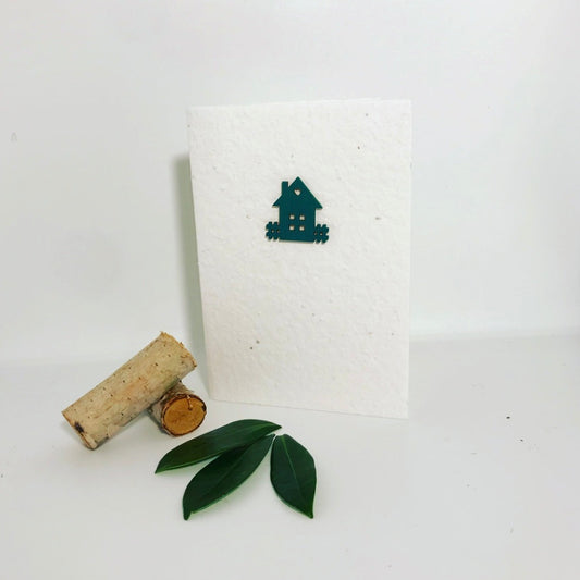 Seeded, plantable greeting card. With hand painted, wooden, green 'house' motif .