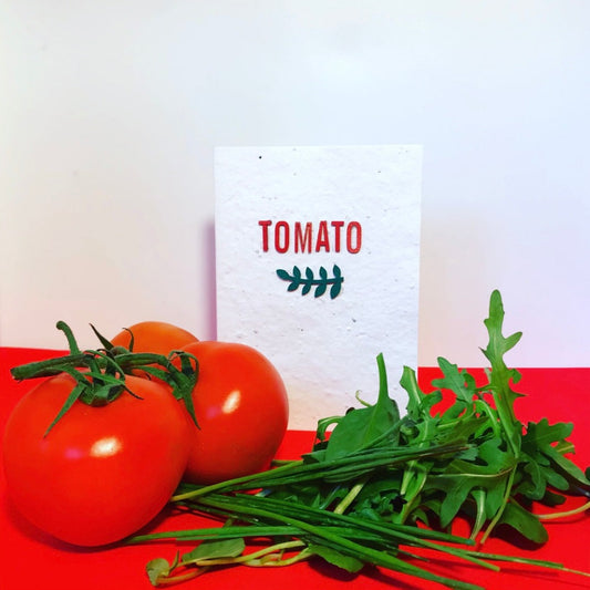 Tomato, seeds, plantable greeting card. With hand painted, wooden wording. Tomato recipe included