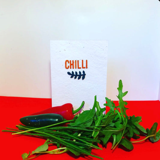 Chilli, seeds, plantable greeting card. With hand painted, wooden wording. Chilli recipe included.