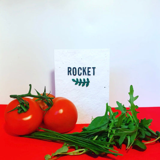 Rocket, seeds, plantable greeting card. With hand painted, wooden wording. Rocket recipe included.